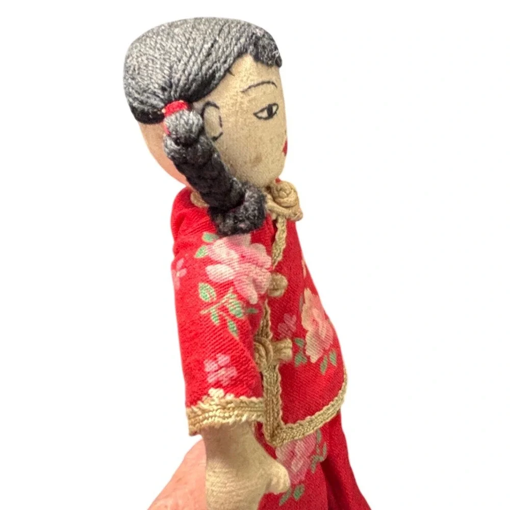 Vintage Chinese Cloth Dolls Pair Traditional Samfu Cheongsam Folk Art Blue‎ Red